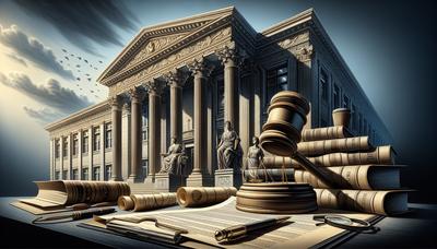 Gerichtsgebäude mit Rechtsdokumenten und Richterhammer draußen