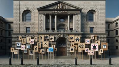 Rechtsgebouw met protestborden en woonsymbolen.