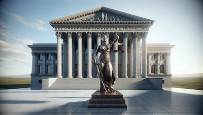 Edifício do tribunal com estátua das balanças da justiça.