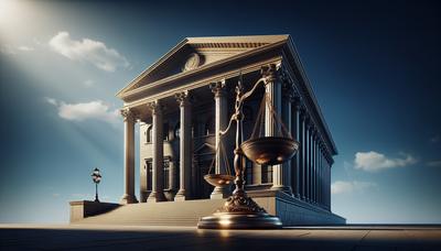 Gerichtsgebäude mit Waage, die Gerechtigkeit und Gesetz symbolisiert.