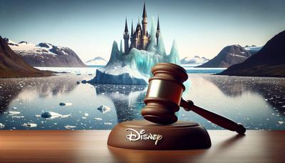 Martelletto da tribunale con sfondo dei loghi della Groenlandia e Disney.