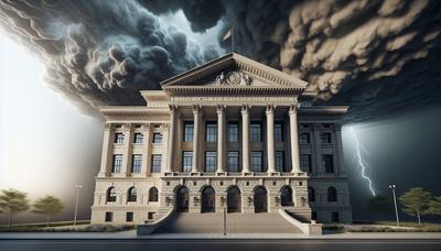 Extérieur du palais de justice avec un ciel orageux sombre au-dessus.