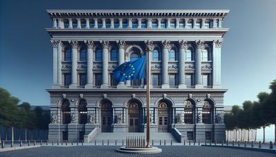 Esterno del tribunale con visibile la bandiera dell'Unione Europea.