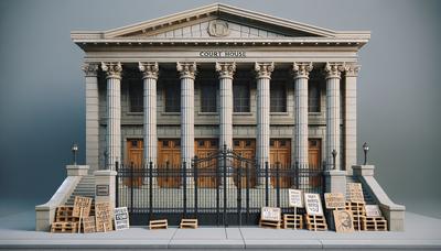 Esterno del tribunale con cancelli chiusi e cartelli di protesta.