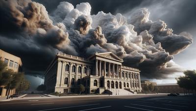 Extérieur du palais de justice avec des nuages orageux menaçants au-dessus.