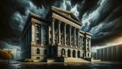 Extérieur du palais de justice avec un ciel nuageux et sombre en arrière-plan.