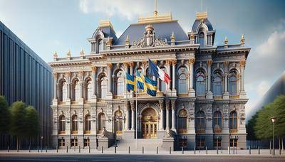 Extérieur du palais de justice avec des drapeaux suédois et français.