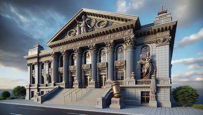 Façade du palais de justice avec marteau et balances de la justice.