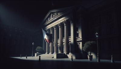 Palais de justice dans l'ombre avec le drapeau français subtilement déployé.