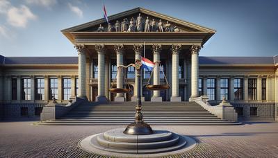 Gerechtsgebouw weegschaal van gerechtigheid met Nederlandse vlag.