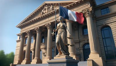 Palais de justice avec drapeau français et statue de la justice.