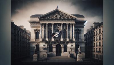 Palais de justice avec drapeau français dans une ambiance sombre.