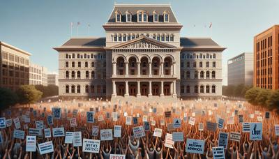 Gerichtsgebäude mit protestierender Menge und erhobenen Schildern.