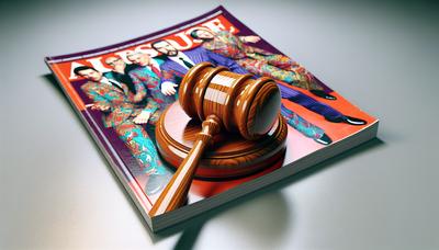 Marteau de tribunal avec couverture du magazine Charlie Hebdo.