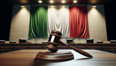 Martelletto da tribunale con bandiera italiana sullo sfondo.