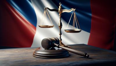 Marteau de tribunal avec balance et drapeau français.