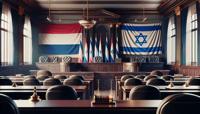 Rechtszaal met Nederlandse en Israëlische vlaggen op de achtergrond.