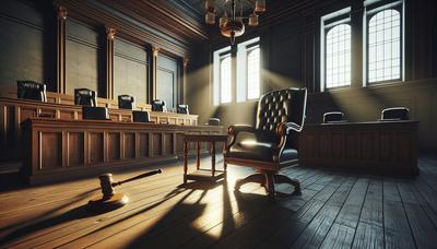 Salle d'audience avec chaise de prévenu vide et marteau du juge