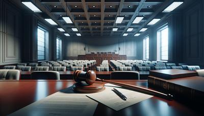 Salle d'audience avec des sièges vides et des documents juridiques.