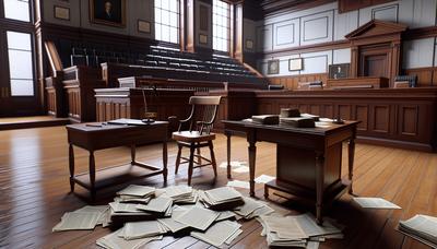 Salle d'audience avec banc des témoins vide et documents juridiques.