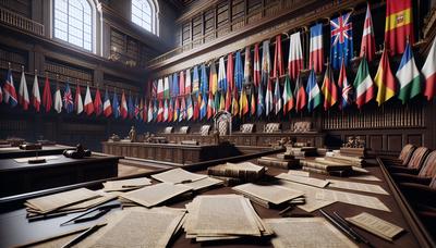 Salle d'audience avec des drapeaux européens et des documents juridiques.