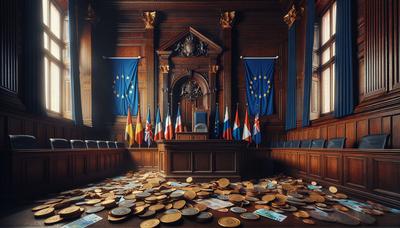 Salle d'audience avec des drapeaux de l'Union européenne et de l'argent.