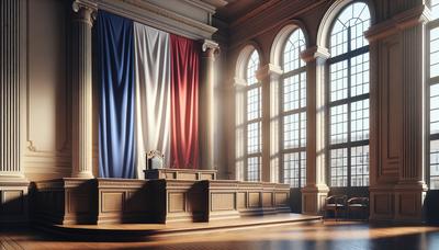 Salle d'audience avec drapeau français et banc vide.