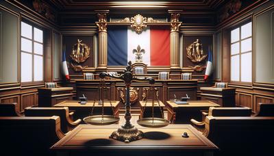 Salle d'audience avec drapeau français et balance de la justice