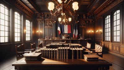 Salle d'audience avec drapeau français et documents juridiques.