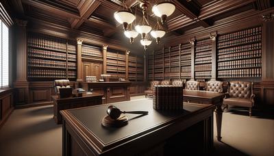 Rechtszaal met hamer en wetboeken op tafel