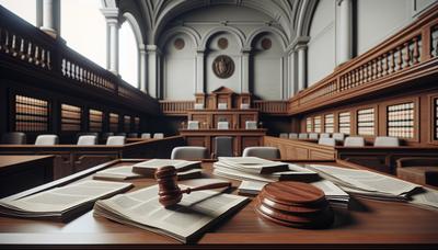 Rechtszaal met hamer en juridische documenten op tafel