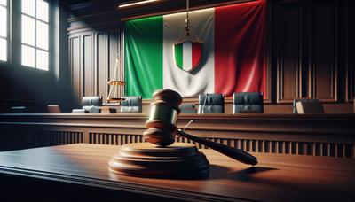 Aula di tribunale con bandiera italiana e martelletto del giudice.