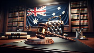 Aula di tribunale con martello del giudice e bandiera australiana.