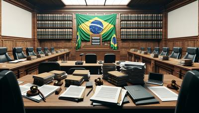 Salle d'audience avec des documents juridiques et le drapeau brésilien visible.