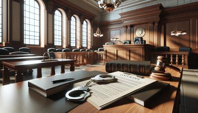 Salle d'audience avec des documents juridiques et des menottes sur la table.