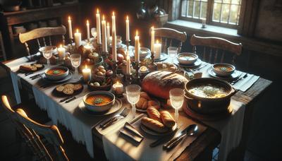 Mesa de jantar aconchegante com refeição caseira e velas.