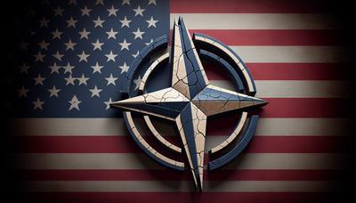 Gebarsten NAVO-logo met een gescheurde Amerikaanse vlag op de achtergrond.