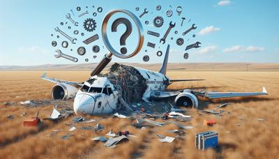 Destroços de avião acidentado com símbolos de investigação e reparo