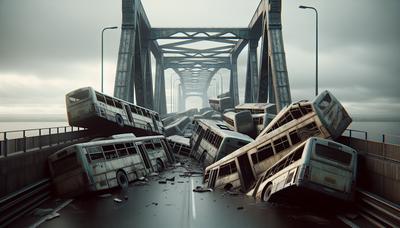 Gekenterte Busse blockieren die Brücke unter wolkenverhangenem Himmel.