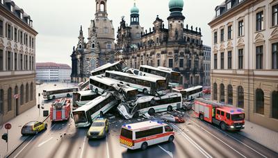 Verunglückte Busse auf Dresdner Straße, Einsatzfahrzeuge vor Ort.