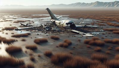 Restos de avión estrellado en un campo desolado.