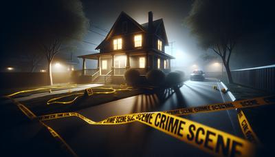 Nastro della scena del crimine in una casa suburbana oscurata.