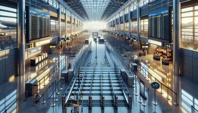 Zatłoczony terminal lotniska z długimi kolejkami do kontroli bezpieczeństwa.