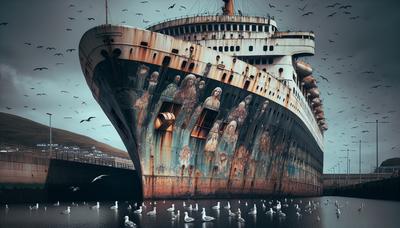 Navire de croisière en ruine amarré dans le port de Belfast.