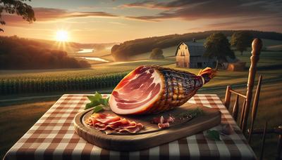 Jambon cru avec paysage agricole en arrière-plan.