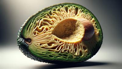 Aufgeschnittener Avocado, der detaillierte Zellstrukturen hell beleuchtet zeigt.