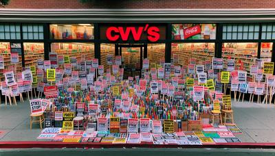 Tienda CVS con carteles de huelga y pancartas de protesta.