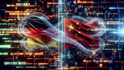 Cybercode überlagert Hintergrund aus deutschen und chinesischen Flaggen.