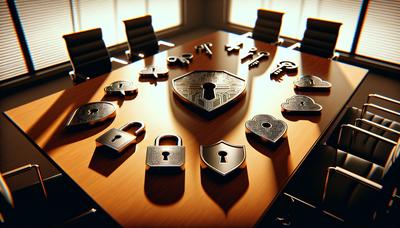 Icônes de cybersécurité et logo OpenAI sur une table de salle de réunion.