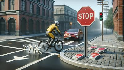 Radfahrer rollt durch Stopschild mit Sicherheitsschildern.